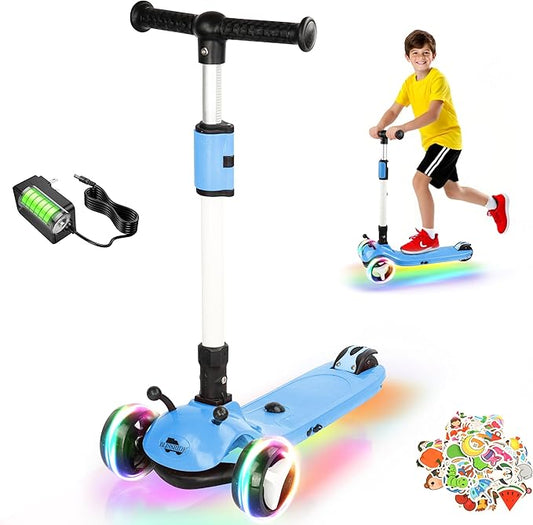 3 Wheel Electric Scooter for Kids Ages 3-12, w/Full Body Lights Up, DIY Stickers, 3 Adjustable Heights, 5Mph Safe Speed, 90min Riding, BLISSRIDE Foldable Kids Electric Scooter for Boys & Girls