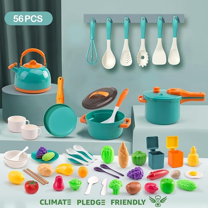 56Pcs Mini Play Kitchen Accessories for Kids, Pretend Cooking Playset with Cookware, Tableware & 2 Fruit Sets, Learning Gift for Girls, Boys, Toddlers, Green