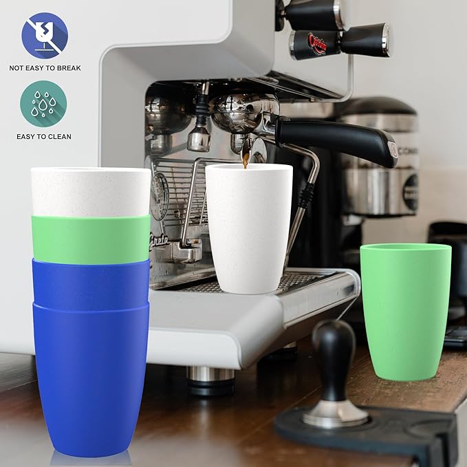 unbreakable wheat straw cups 20oz set of 6 with textured pattern anti slipping,big plastic drinkings cups microwave safe and dishwahser safe.White-Green-Blue
