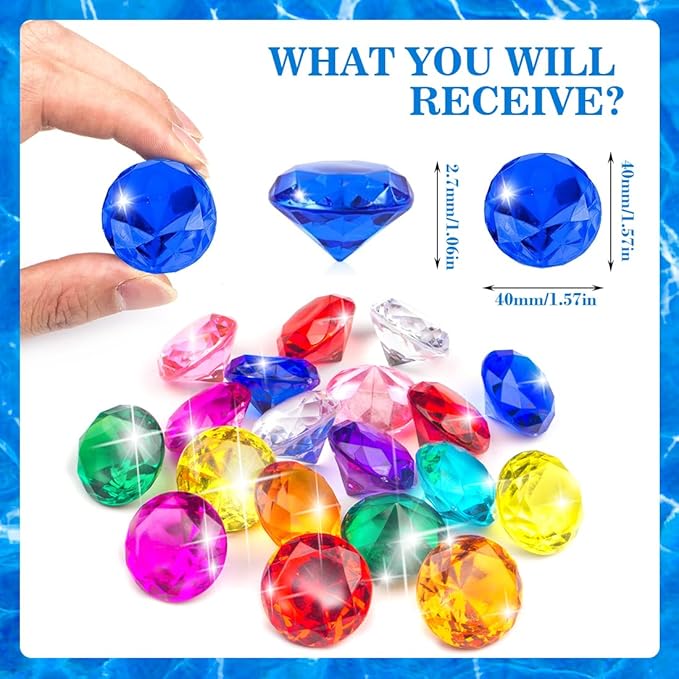 25pcs Diving Gems Pool Toys,1.5in Big Colorful Diamond, Pool Games for Kids, Large Acrylic Gems Dive Toys Pirate Treasure, Pool Jewels Diving Toys