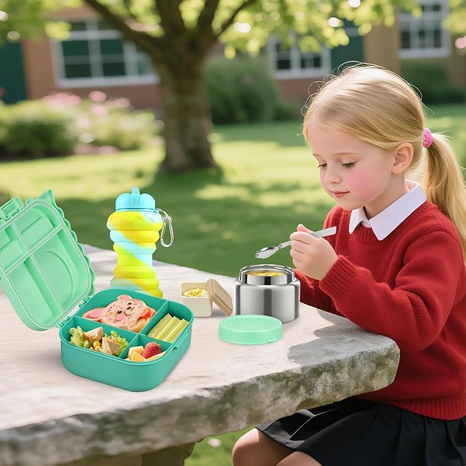 Dinosaur Lunch Box for Kids with Secret Compartment | 4 Compartments Bento Box + 12oz Insulated Food Jar | Leak-Proof Sauce Cup & Collapsible Spoon | BPA-Free, Dishwasher Safe(Green-01)