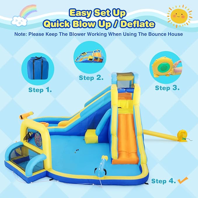 JOYLDIAS Inflatable Water Slide,Water Park Bounce House,Three Slide Bouncer Castle Playhouse w/Splash Pool, Climbing Wall, Felt Ball Target, Ring Toss Game, Goal for Kids Outdoor Fun, 680W Air Blower