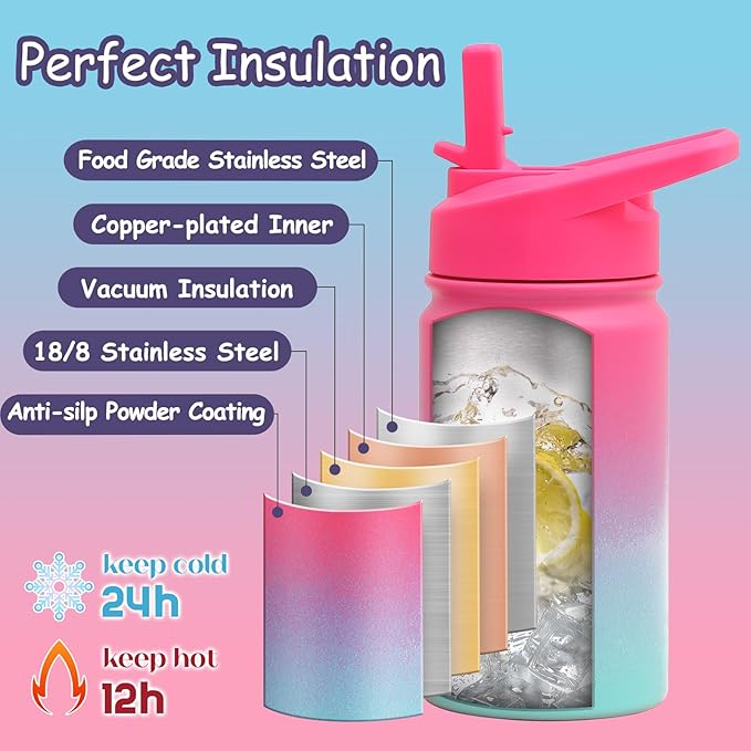 Mininoo Insulated Kids Water Bottle, 12 oz Stainless Steel Water Bottle Kids with Straw Lid and Chug Lid for Girls, Boys (Punch/Green)