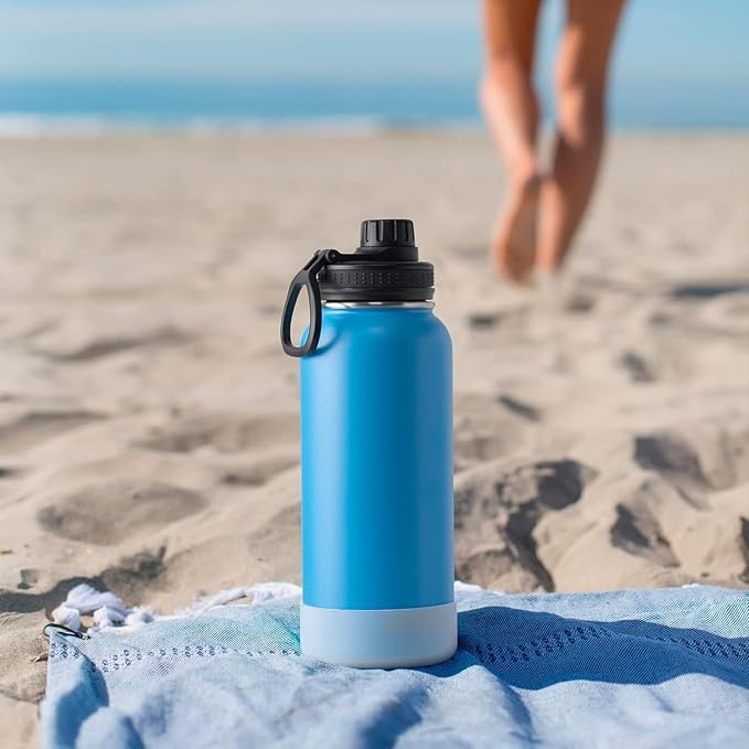 koodee Insulated Water Bottle, 32 oz Stainless Steel Double Wall Vacuum Wide Mouth Sport Bottle with Leakproof Spout Lid (Sky Blue)