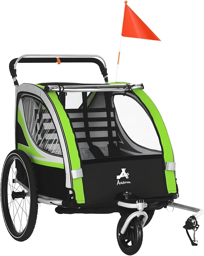 Aosom 2-in-1 Walk/Ride Child Baby Bike Trailer for Kids 2 Seater, High-Visibility Bike Stroller for Toddler Wagon, Weather-Strong Double Bicycle Trailer Accessory for Kids