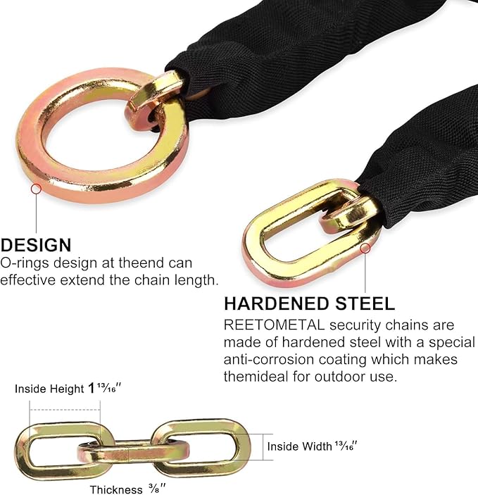 Heavy Duty Security Chain, Longer 10 Foot x 3/8" Thick Cut Resistant Hardened Steel Anti-Theft Lock Chain for Motorcycles, Bikes, ATVs, Trailers, Containers, etc.