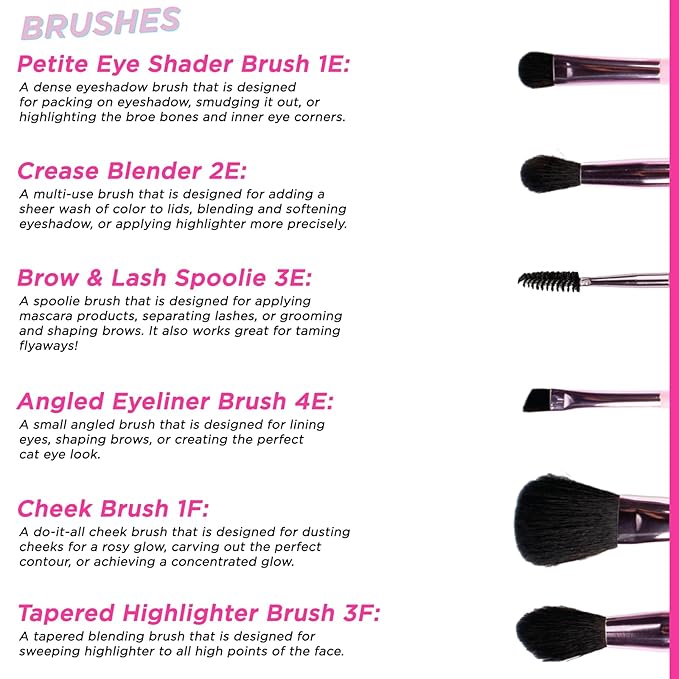 Petite N Pretty Essential Eyeshadow Brush Set with Duck Clips - Pink Makeup Bag, 6 Artist Brushes & Hair Accessories for Girls, Kids, Teens, and Tweens