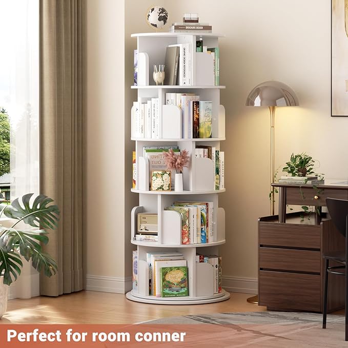 Rotating Bookshelf Tower, 5 Tier Spinning Bookcase, Revolving 360 Book Shelf Narrow Tall Bookcase, Vertical Turning Round Bookshelf Organizer, Wood Corner Book Shelf for Small Space, White