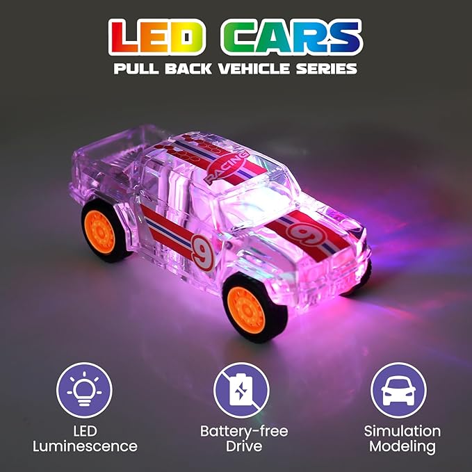 LED Light Up Pull Back Car Toys, Push and Go Trucks 2 Pack，Suitable for Toddlers 3 4 5 6 7 8 Year Old Kids for Boys and Girls Birthday Party Gift