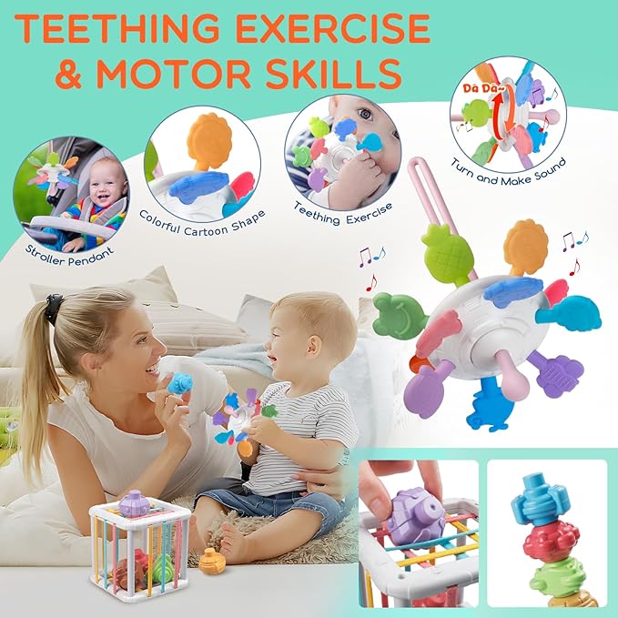 Montessori Baby Toy Sorting Stacking Learning Toys Wooden Building Blocks, Xylophone Musical, Infant Teethers Toys for Baby, 6 in 1 Toy Birthday Gifts for Toddlers