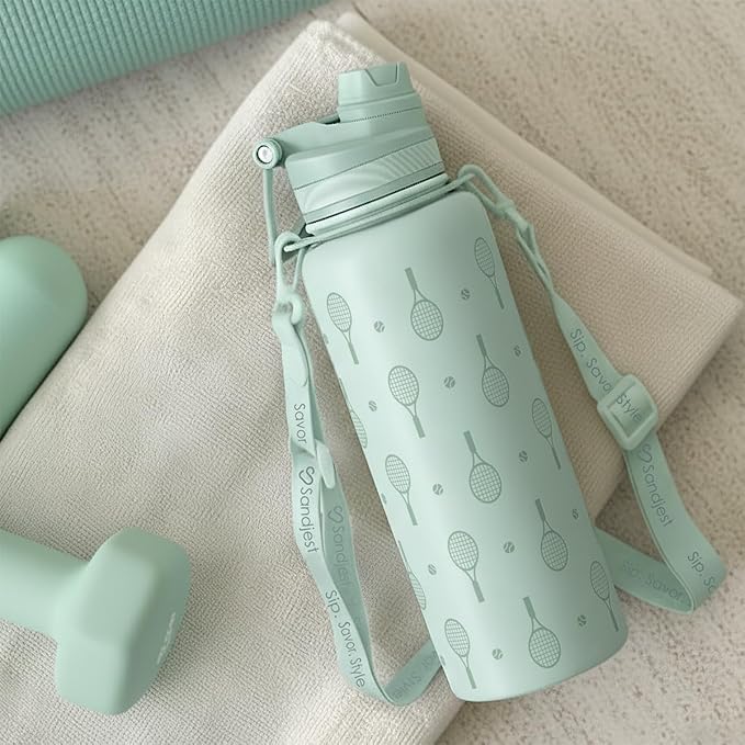SANDJEST Tennis Stainless Steel Water Bottle with Strap 32oz, Insulated Bottles with Straw and Spout Lid for Gym Sports Travel Outdoor, Gifts for Women Girls Birthday Christmas