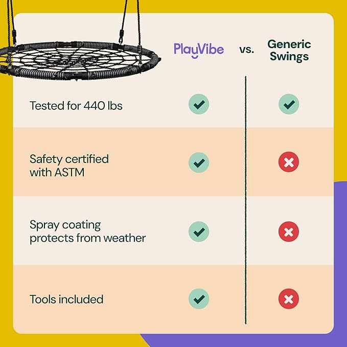 PLAYVIBE Spider Web Tree Swing - 40-Inch Black Saucer - 440 lb Capacity & 900D Oxford Waterproof Fabric - Heavy-Duty Steel Frame & Hanging Straps - Outdoor Swing Set Accessories - for Toddlers