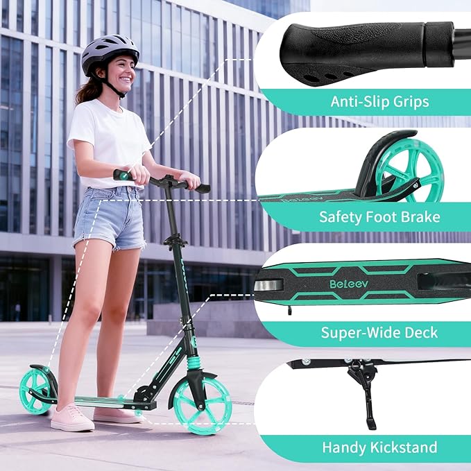 BELEEV V5 Plus Scooters for Kids Ages 6+, Teens with Light-Up Wheels & Deck, 2 Wheel Folding Lightweight Sport Scooter with 4 Adjustable Height, 8-inch Big Wheels, Carry Strap, Max Load 220 lbs