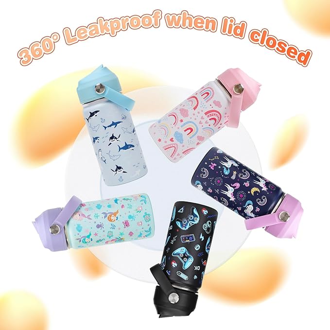 14oz Kids Insulated Water Bottle with Straw Lid - 18/8 Stainless Steel Kid Cup Travel Tumbler Double Wall Vacuum Leak Proof Portable Toddler Water Bottle (Rainbow + Mermaid)