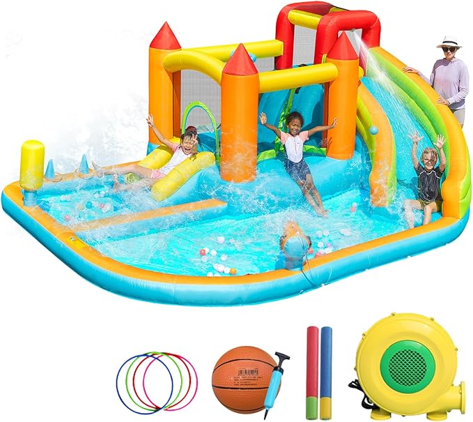 Inflatable Bounce House, Inflatable Water Slide, Inflatable Water Park for Backyard, Bouncy House with Slide, Bounce House for Kids 3-6, Waterslide, Water Bounce House with Pool, Indoor and Outdoor