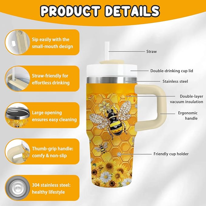 14oz Bee Tumbler with Handle, Stainless Steel Insulated Cup with Lid and Straw Personalized 14 OZ Bee Tumblers Gifts for Women Men