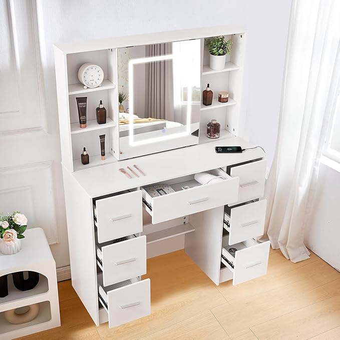 Large Vanity Set with LED Strip Light, Vanity Desk with Mirror and Lights, 7 Drawers Makeup Table with 6 Oppen Cabinets and 3 Hidden Shelves, Dressing Table for Girls