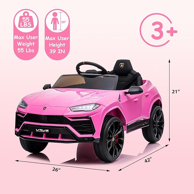 Electric Car for Kids 12V Licensed Lamborghini Ride On Car with Remote Control,Max Speed 2.5Mph,LED Lights,Music Players,Lockable Doors,Spring Suspension,Toddler Cars to Drive,Pink
