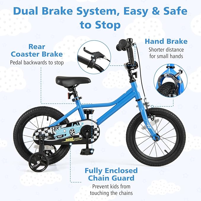 BABY JOY Kids Bike, 12 14 16 18 Inches Car Pattern Sporty Bicycle w/Removable Training Wheels, Hand & Coaster Brakes, Adjustable Seat & Handlebar, Girls Boys Bike