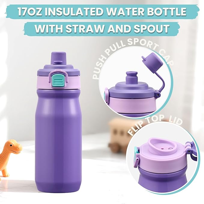 PIQUEBAR Kids Lunch Bento Box with 8oz Thermo Ice Pack Food Container with Insulated Lunch Bag, Insulated Water Bottle with Straw for Girls Boys, (A-Purple)