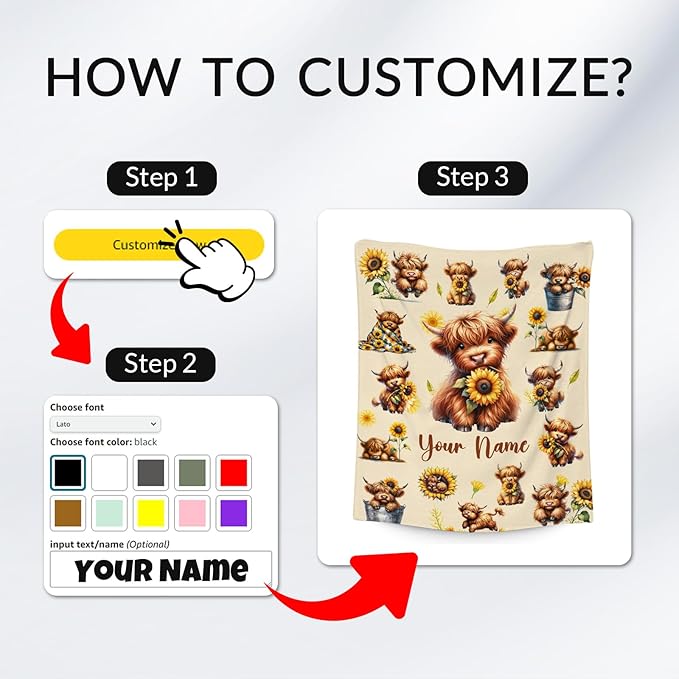 Personalized Kids Blankets with Name, Highland Cow Blanket Gifts for Girls Women Adults, Custom Cow Gifts with Sunflower, Warm Flannel Throw for Couch Living Room, 60"x80"