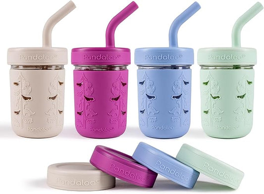 Pandaloo® Mason Jar Toddler Cup - 8 oz Spill-Proof Glass Tumbler with Silicone Straw and Lid, Non-Slip Sleeve, BPA-Free Toddler Snack Cups - Perfect Smoothie Cups with Lids and Straws for Kids