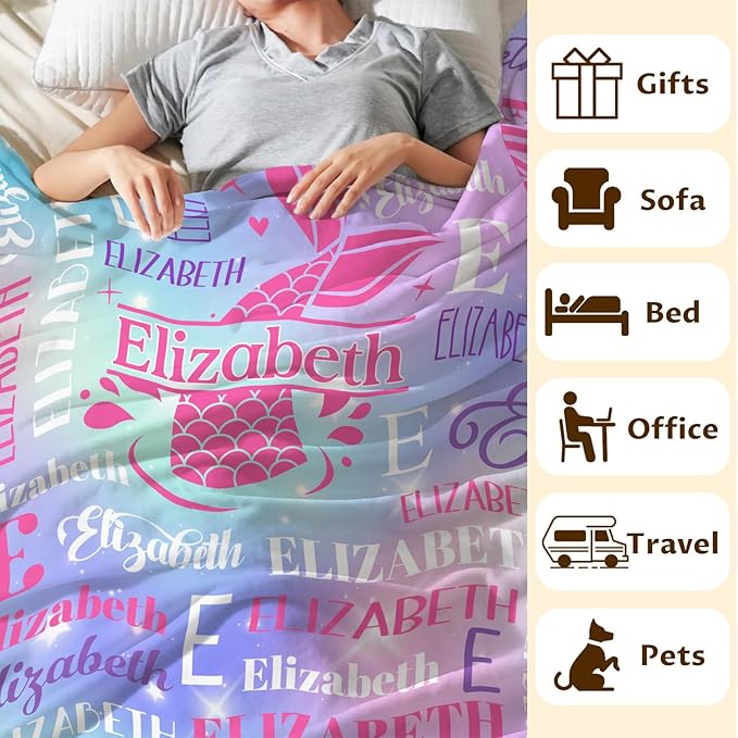 Personalized Mermaid Blankets for Kids Teens Adults, Girls Women Throw Blanket Gifts for Mermaid Lovers, Custom Name Soft Warm Flannel Monogram Blankets Decor for Bed Couch Sofa Home Room