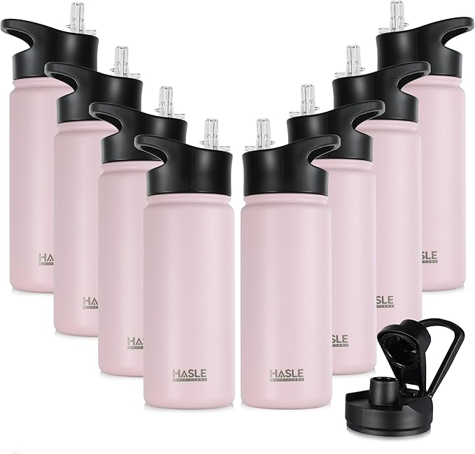 HASLE OUTFITTERS Insulated Water Bottle 16 oz Double Wall Vacuum Stainless Steel Water Bottle Leak Proof for School Wide Mouth with Straw Lid & Spout Lid Keeps Cold and Hot(Pink,8pack)