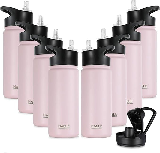 HASLE OUTFITTERS Insulated Water Bottle 16 oz Double Wall Vacuum Stainless Steel Water Bottle Leak Proof for School Wide Mouth with Straw Lid & Spout Lid Keeps Cold and Hot(Pink,8pack)