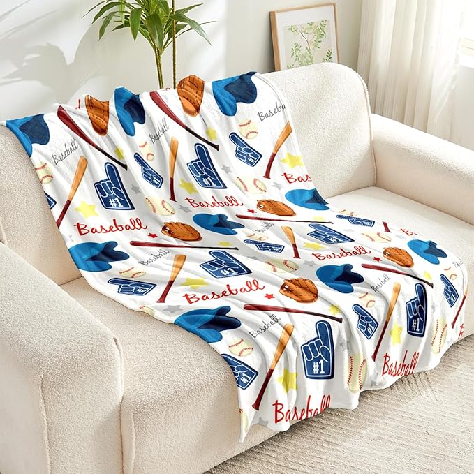 Wajade Baseball Gifts for Boys Girls - Baseball Blanket Birthday Christmas Decor for Kids Age 3 4 5 6 7 8 9 10 11 12 Years Old Teens Child Toddler Throw White 50"x60"