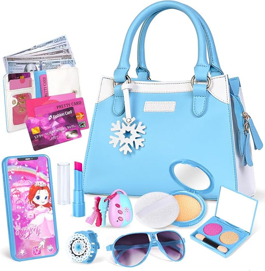 Shemira Play Purse for Little Girls, Princess Pretend Toys for Girls 3 4 5 6 7 8 Years Old, Christmas & Birthday Gift for Kids Age 3-5 4-6 6-8, Toddler Purse with Accessories, Kids Toy Purse, Blue