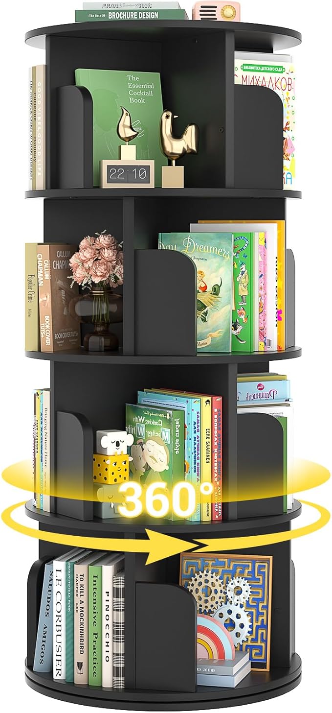 Rotating Bookshelf, Wood Corner Bookshelf, 360 Display Spinning Bookcase Storage Rack, 4 Tier Floor Standing Revolving Bookcase Narrow Book Shelf Organizer for Small Space, Bedroom, Black