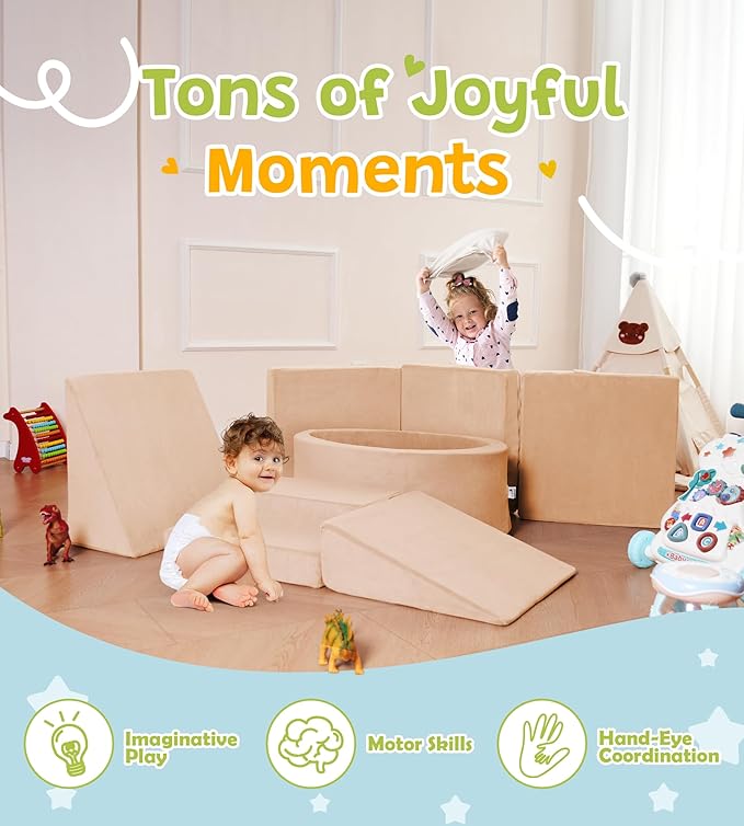 Foam Climbing Blocks with Ball Pit & Stairs for Toddlers Aged 1-3 -Soft Playset for Indoor Crawling, Foam Playground Set for Baby to Active Playing Inside -(Balls NOT Included),Beige