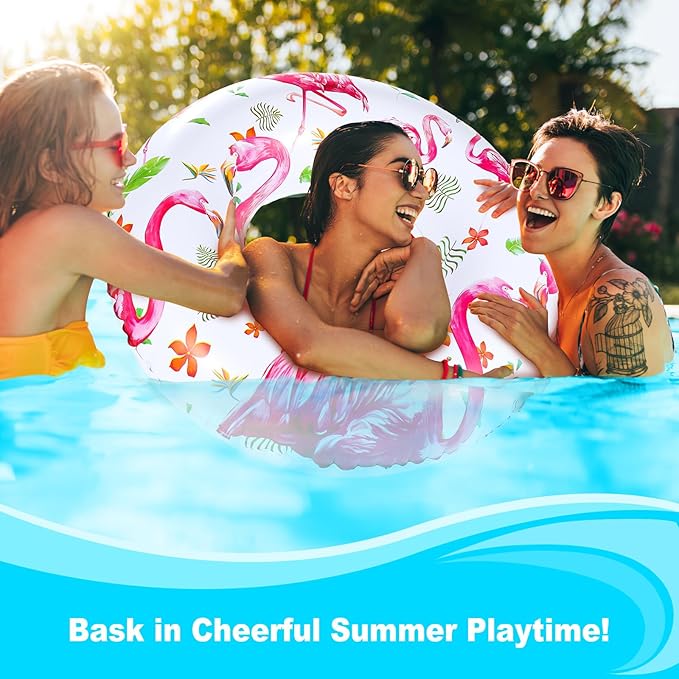 HeySplash Cartoon Swim Ring, Inflatable Durable Round Shaped Flamingo Summer Pool Beach Party Swimming Float Tube Water Fun Swim Pool Toys with Repair Patch for Adults,80cm Diameter, White+Pink/Yellow
