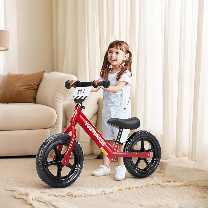 12 Inch Toddler Balance Bike for 1-3 Year Olds, No-Pedal Bike with Tool-Free Adjustable Seat, Quick Assembly, Gift for 1-3 Year Old Boys & Girls with Customizable Plate