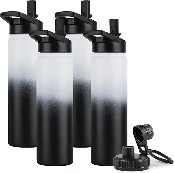 DOMICARE Insulated Water Bottle, 22 oz Vacuum Insulated Stainless Steel Reusable Sports Bottle with Straw Lid & Spout Lid for Travel, Camping, Bike, Leakproof, Black/White, 4 Pack