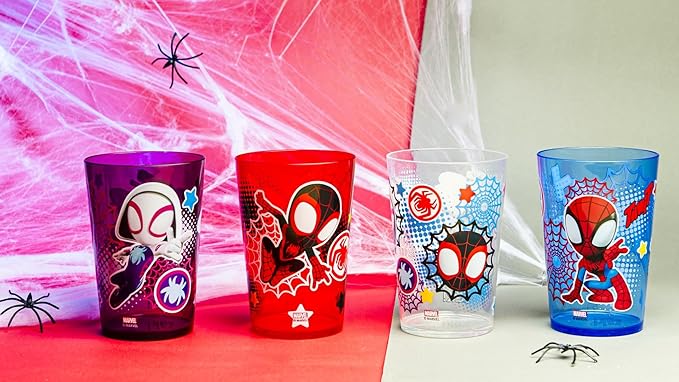 Zak Designs Marvel Spider-Man Nesting Tumbler Set for At Home, 14.5oz Non-BPA Plastic Cups, 4-Pack (Spidey and His Amazing Friends)