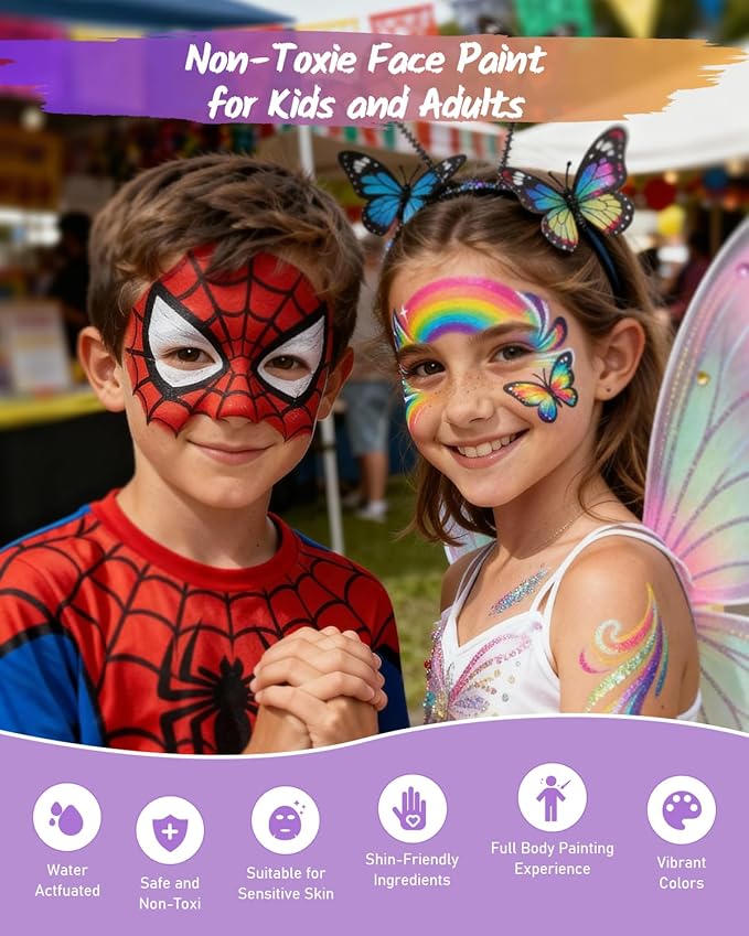 Face Painting Kit for Kids, 50 Colors Water Activated Face Paint Kit, Non-Toxic Professional Makeup Palette with Stencils, Gems, Brushes, Hair Dye Comb & Bucket for Kids Parties & Christmas
