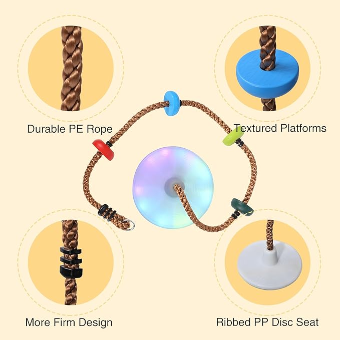 REDCAMP LED Climbing Rope Swings for Trees, Heavy Duty Plastic Disc Swing Seat for Kids and Adults with Hanging Strap and Snap Hooks, Multicolor