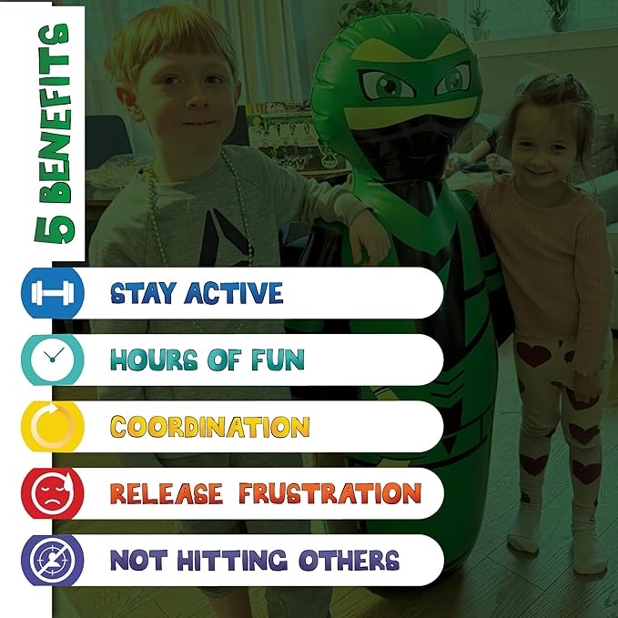 INFLATABLE DUDES Ninja Toy 47 Inches -Kids Punching Bag | Already Filled with Sand| Bop Bag | Inflatable Bopper | Boxing | Ninja Birthday Party | Party Decorations | Punching Bag for Kids- (Archy)