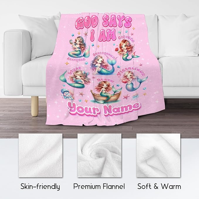 Personalized Mermaid Blanket for Girls, Custom Name Gift, God Says I Am Blanket, Cute Fleece Fuzzy Throw, 50"x60"