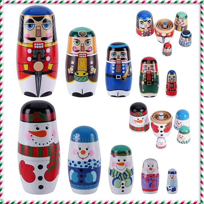 Chirstmas Russian Nesting Dolls, 2 Pack Wooden Handmade Nested Set Matryoshka Dolls, Russian Stacking Dolls Toys for Kids Toddlers Happy Chirstmas Home Decoration Gift(Snowman Nutcracker)