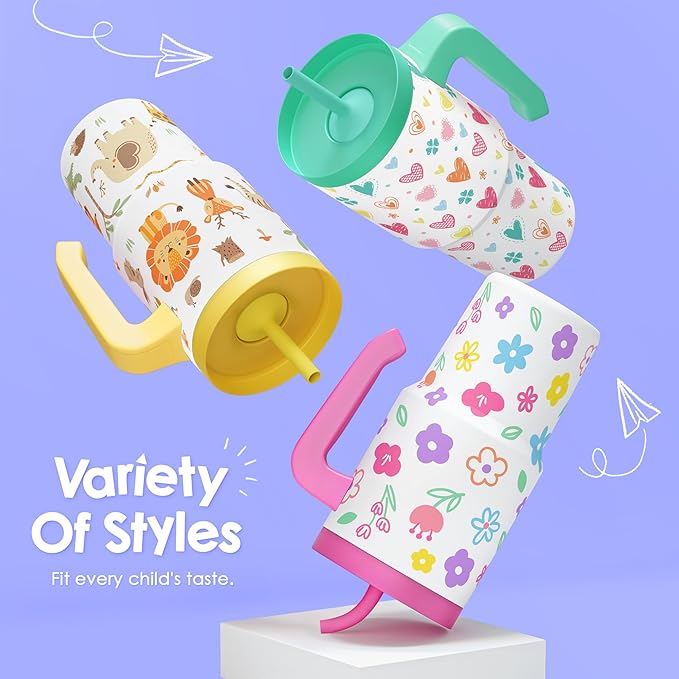 Floral Tumbler 20oz with Handle and Silicone Straw Lid for Kid, Insulated Stainless Steel Cup, Gift for Kids Girls, Gifts Idea for Birthday Christmas Back to School