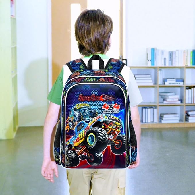 16" Monster Truck Backpack, 3Pcs Boy Bookbag for Elementary Preschool Kindergarten, Kids School Backpacks with Lunch Box (Black)