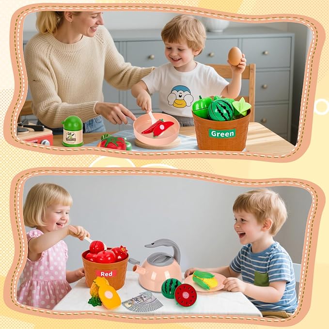 90Pcs Kitchen Playset Accessories, Pretend Cooking with Pots, Pans, Cookware, Food, Fruit, Veges, Color Sorting Baskets, Prop Money, Learning Gift for Girls Boys Toddlers (Pink)