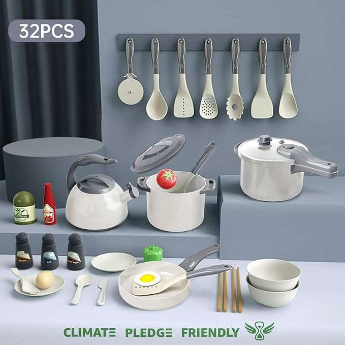 Bruvoalon 32Pcs Kids Play Kitchen Toys Set, Toddlers Pretend Cooking Playset Acccessories with Pots Pans, Utensils Cookware, Foods, Canned Veges, Learning Gift for Kids Girls Boys (White)