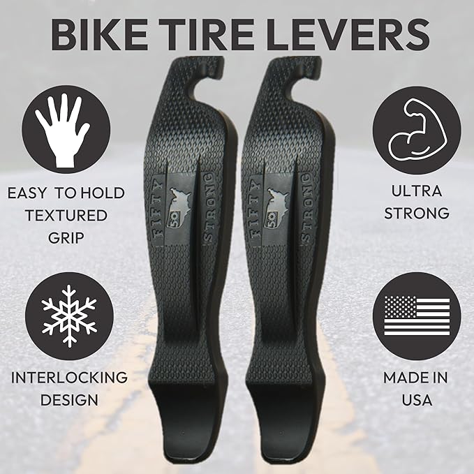 50 Strong Bike Tire Levers – Set of 4 Ultra-Strong Tire Spoons with Easy-Grip Interlocking Design – Made in USA – Essential Bicycle Repair Tool Brand