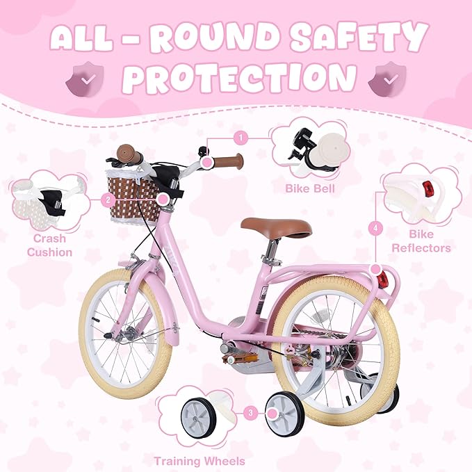 MEGHNA 16 inch Kids Bike Low - Step Through Frame Bike with Detachable Training Wheels Basket Adjustable Seat with Bell C Brake and Band Brake for 4-7 Years Old Child Boys Girls, Easy Ride