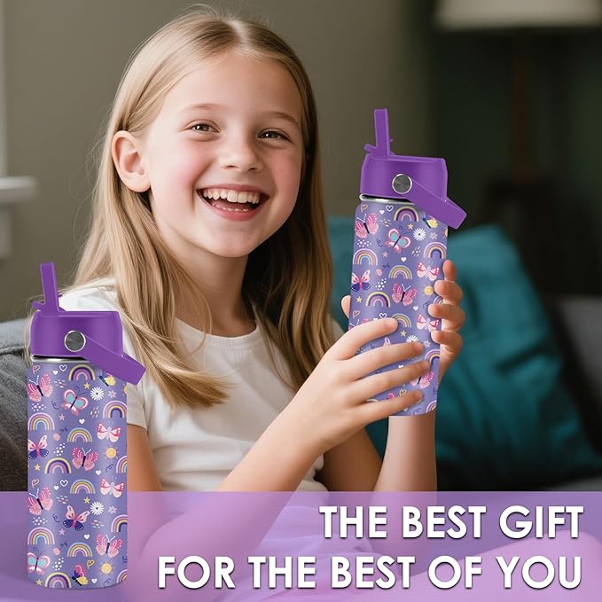 Butterfly Gifts - 16oz Purple Kids Water Bottle with Straw Lid, Stainless Steel Insulated Tumbler, Leakproof, BPA-Free, for Girls, School, Travel - Butterfly Rainbow Themed Birthday Gift Cup (1pc)