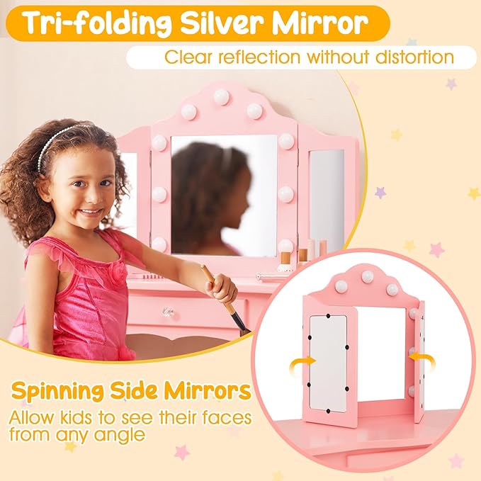 Costzon Kids Vanity, Girls Vanity Set with Mirror and Stool and Lights, Drawer, 2 in 1 Wooden Princess Makeup Desk Dressing Table, Toddler Vanity, Kids Vanity Table and Chair Set (Pink)